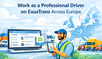 Professionel lastbilchauffør, der bruger ExusTrans mobil- og webplatform til at administrere transportopgaver, køretøjer og leveringer på tværs af Europa